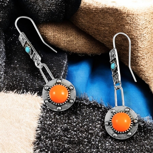🆕️ Vintage Style Boho Drop Trendy Spring Earrings Orange Turquoise Accents - Picture 9 of 15